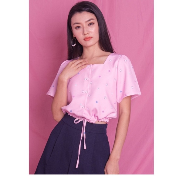 Hello Kitty Pink Daisy Button Up Square Neck Crop Top - Picture 1 of 12